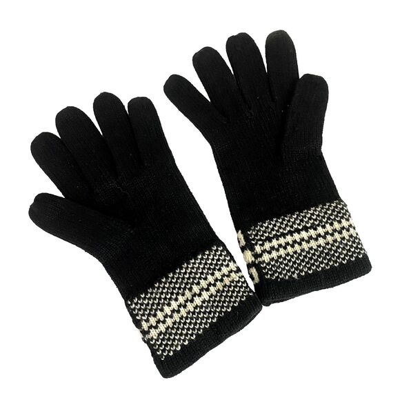 Isotoner Vintage Acrylic Knit Gloves One Size Black Geometric White Design - Picture 2 of 5